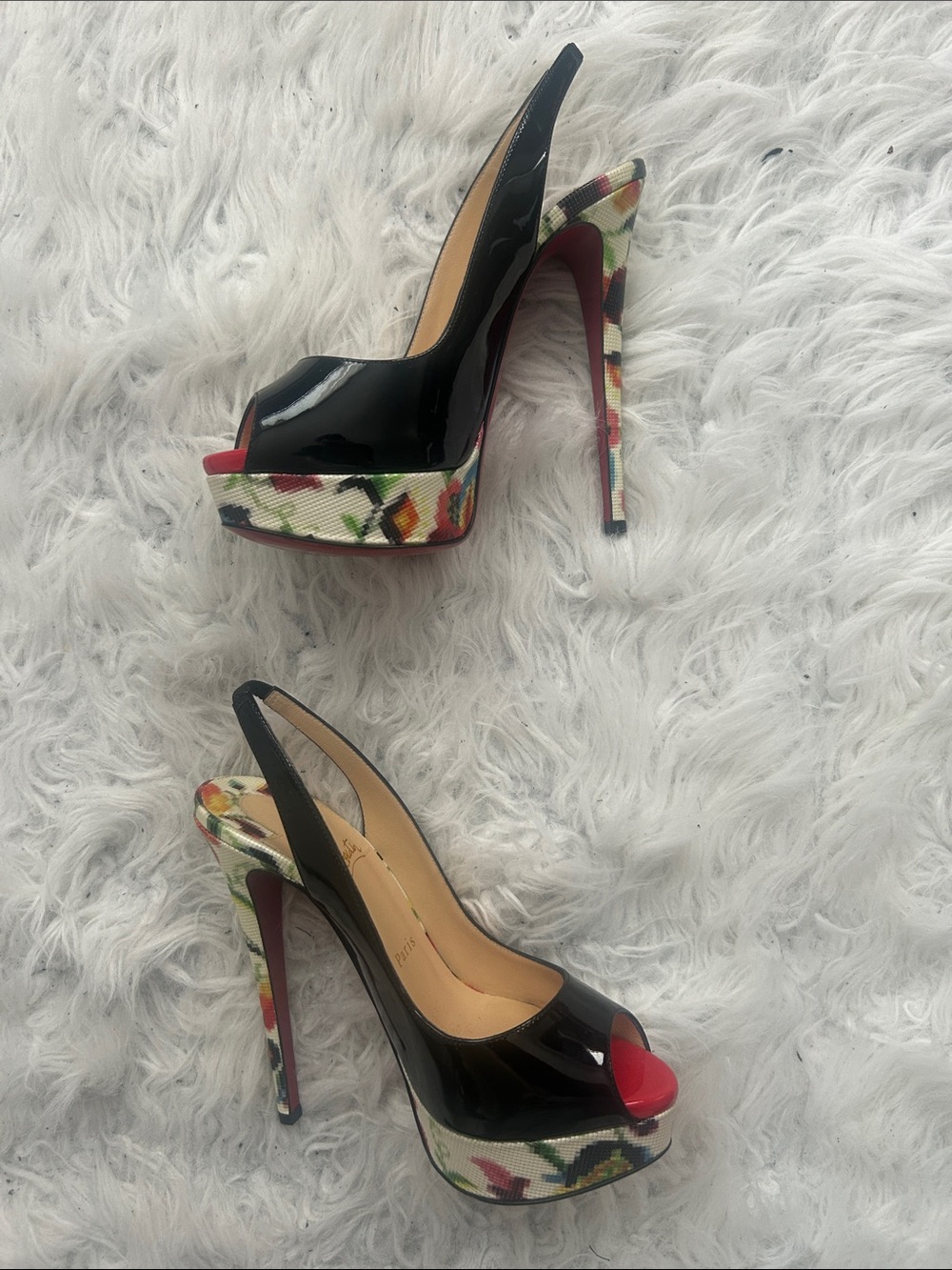 Christian Louboutin red black floral patterned sling back heels, size 8 sexy